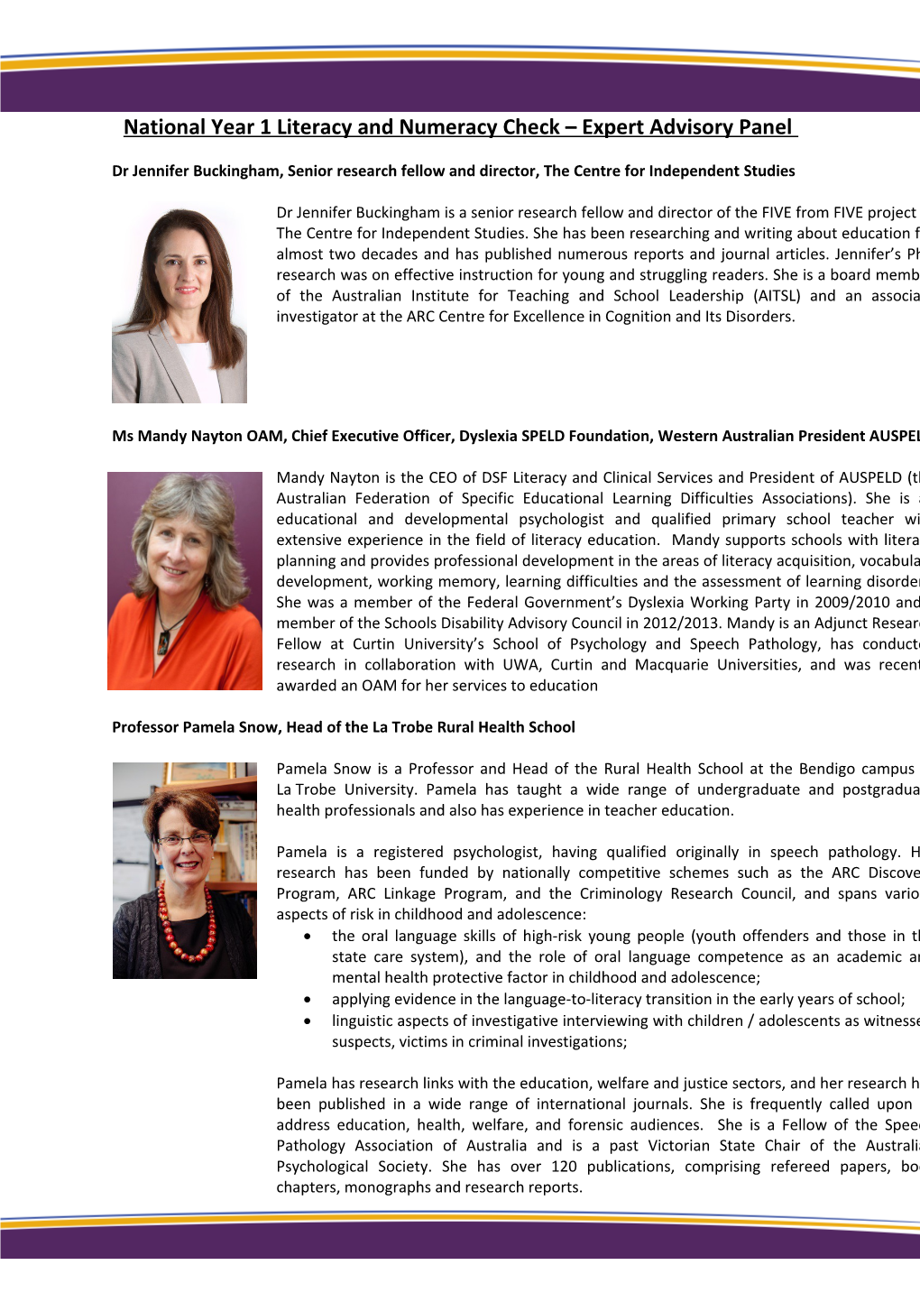 National Year 1 Literacy and Numeracy Check Expert Advisory Panel
