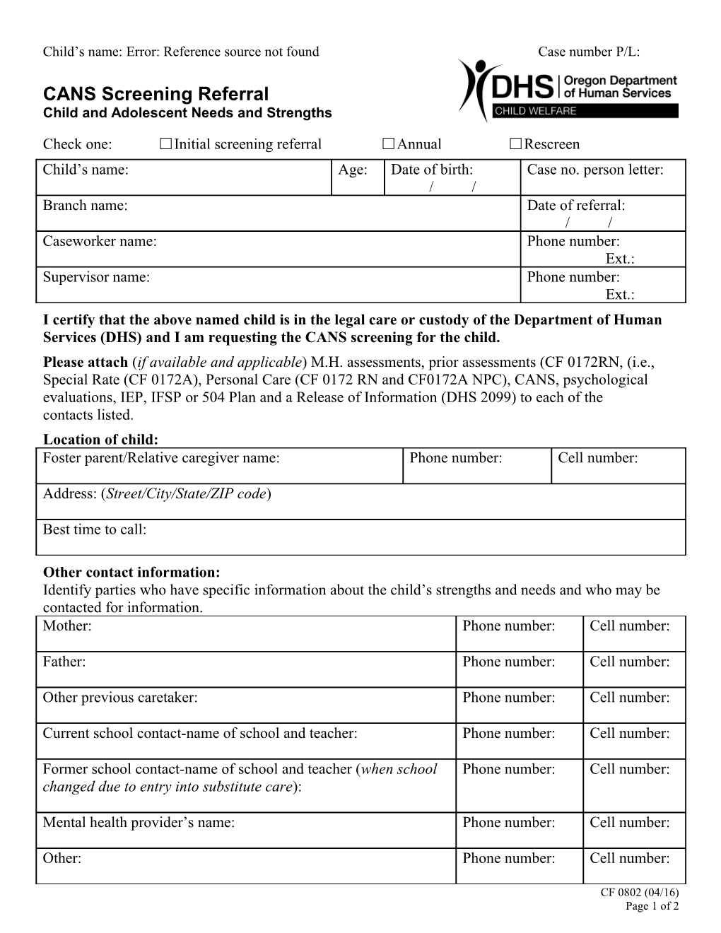 CANS Screening Referral Form - CF 802 4/10