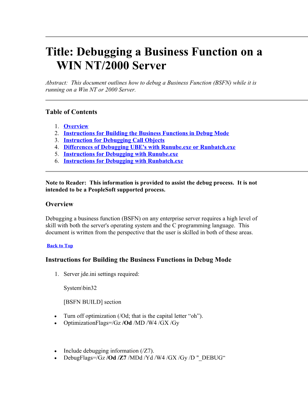 Debugging a Business Function on an WIN NT/2000 Server