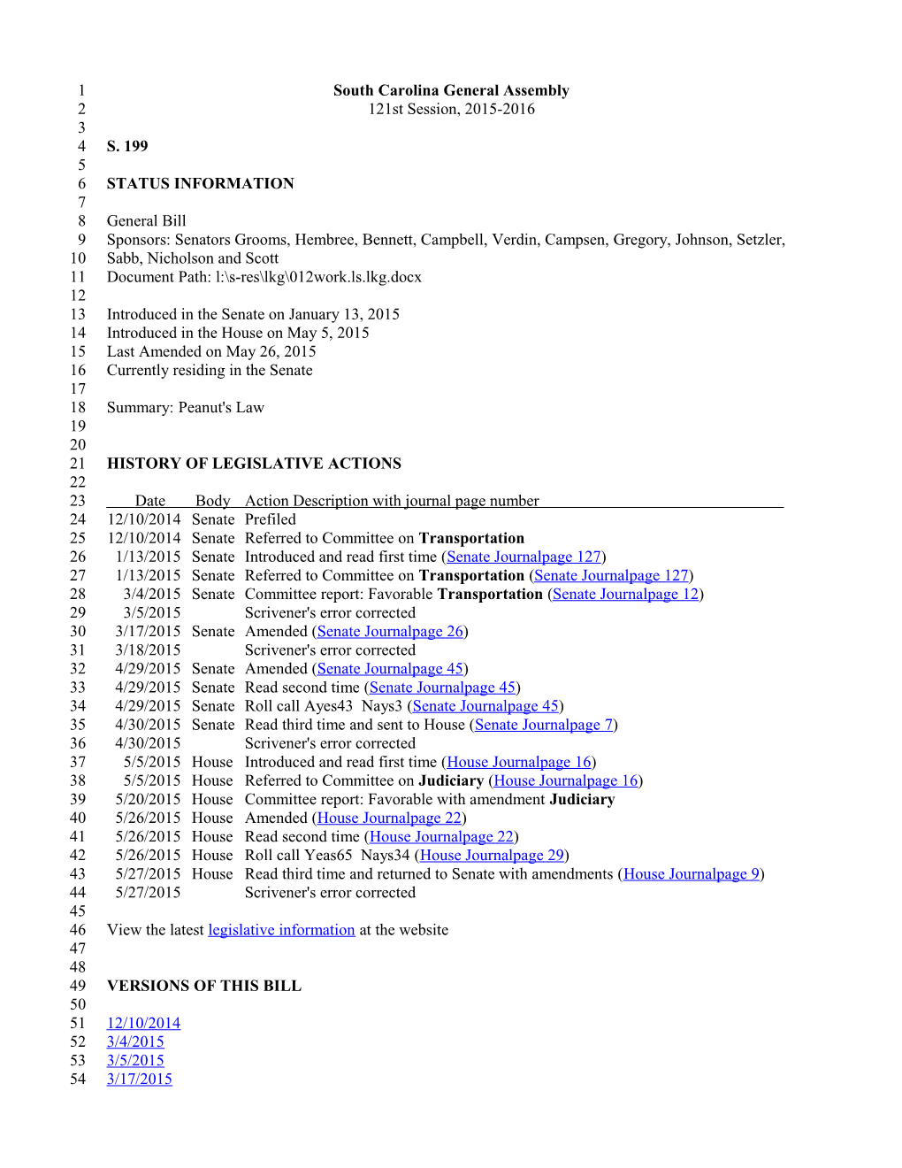 2015-2016 Bill 199: Peanut's Law - South Carolina Legislature Online