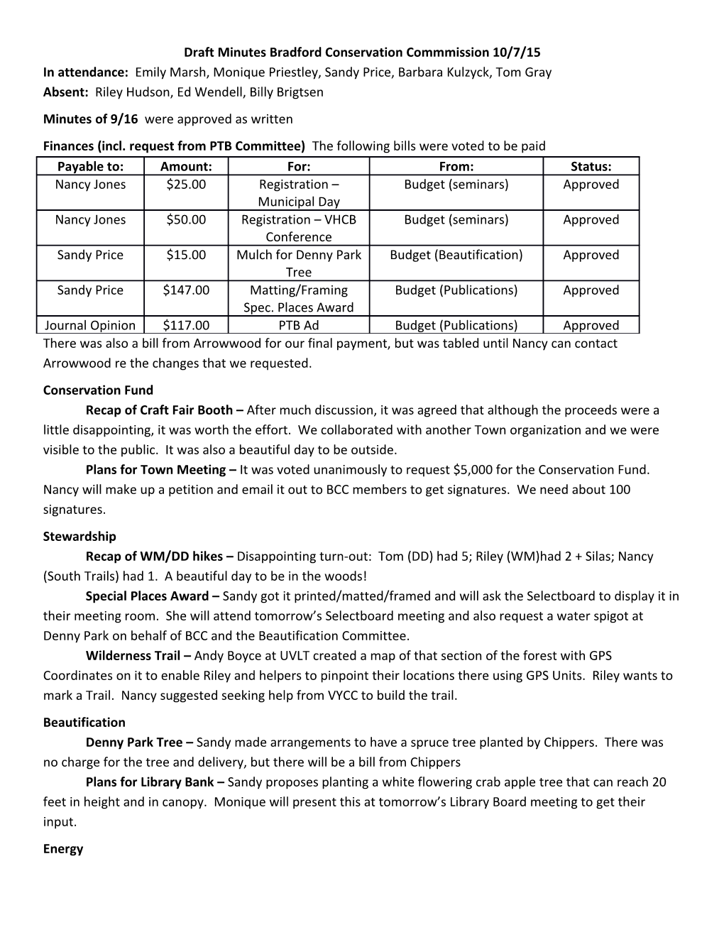 Draft Minutes Bradford Conservation Commmission 10/7/15