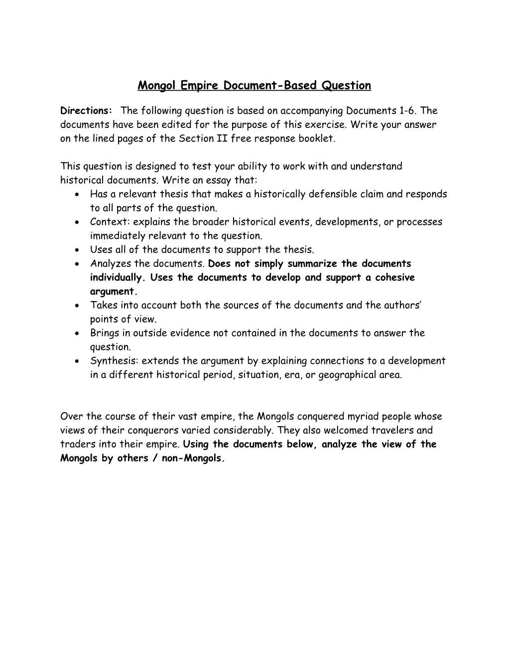 Mongol Empire Document-Based Question