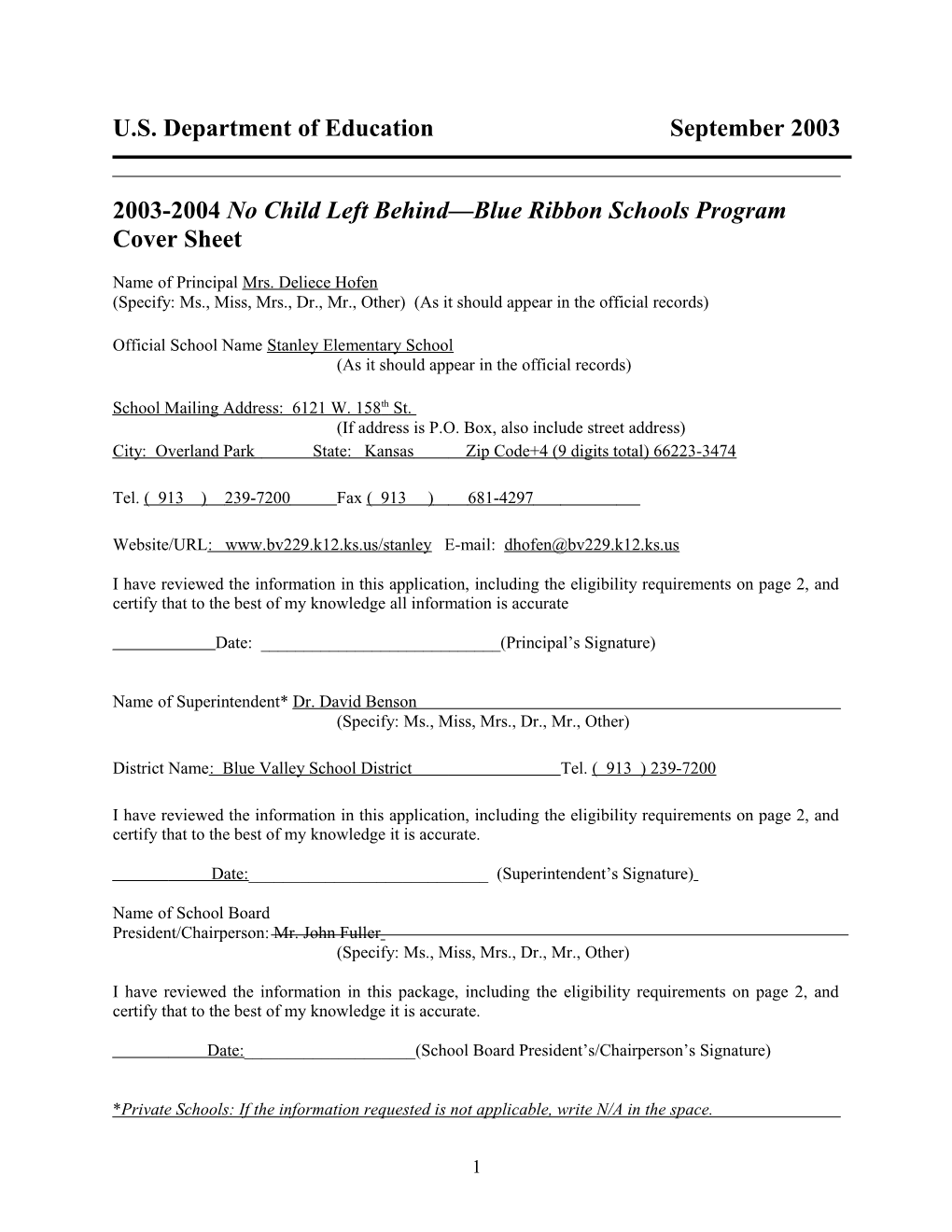 Stanley Elementary School 2004 No Child Left Behind-Blue Ribbon School Application (Msword)