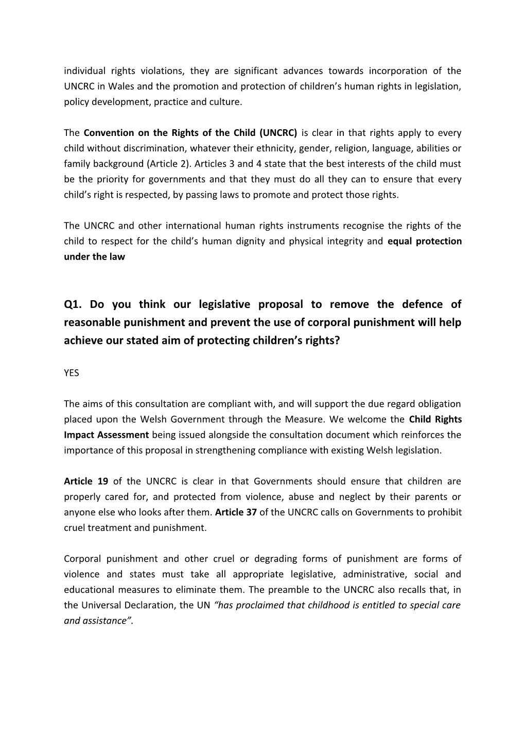 Consultation Response: Legislative Proposal to Remove the Defence of Reasonable Punishment