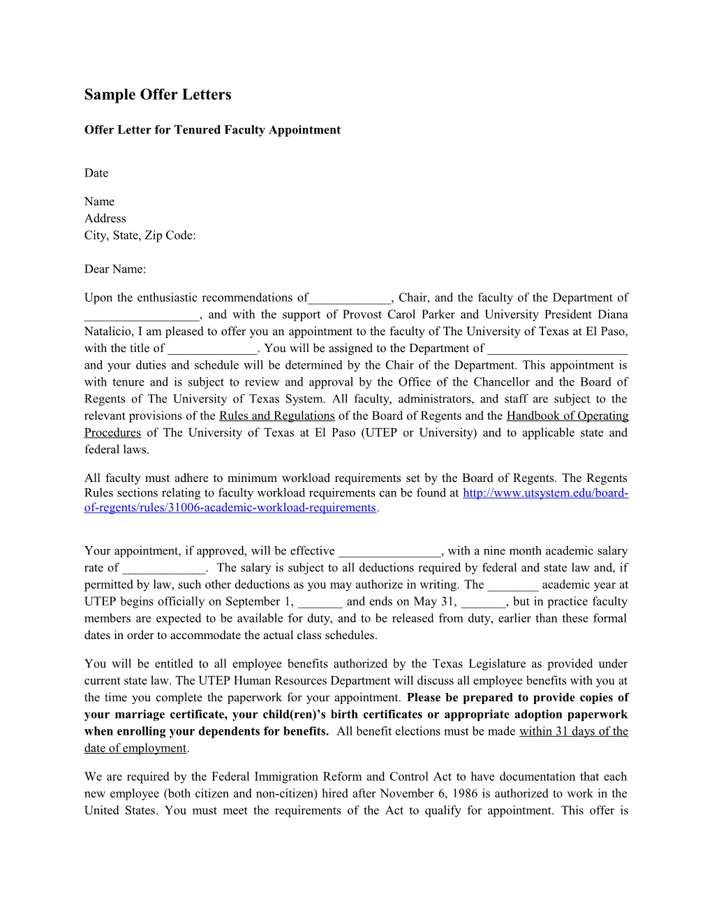 Offer Letter for Tenured Faculty Appointment
