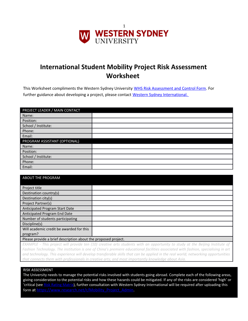 International Student Mobility Project Risk Assessment Worksheet