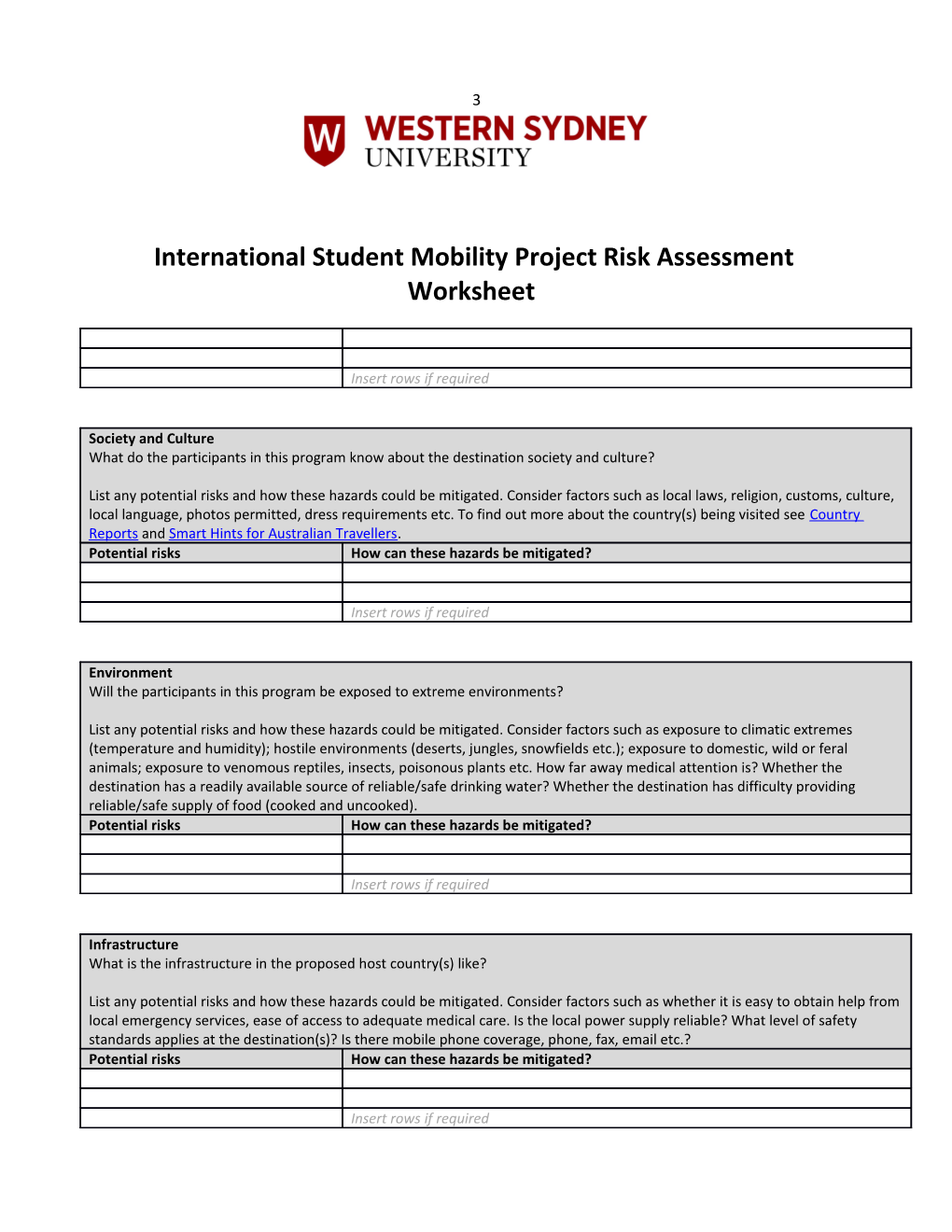 International Student Mobility Project Risk Assessment Worksheet