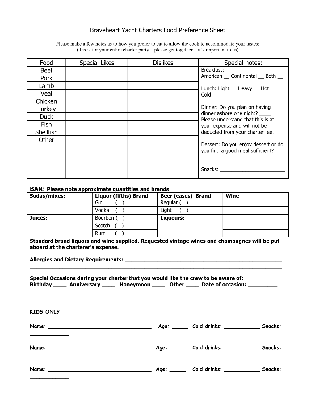 Sojourn Yacht Charters Food Preference Sheet