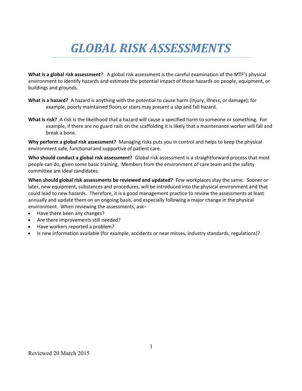 Medical Safety Template - Global Risk Assessments