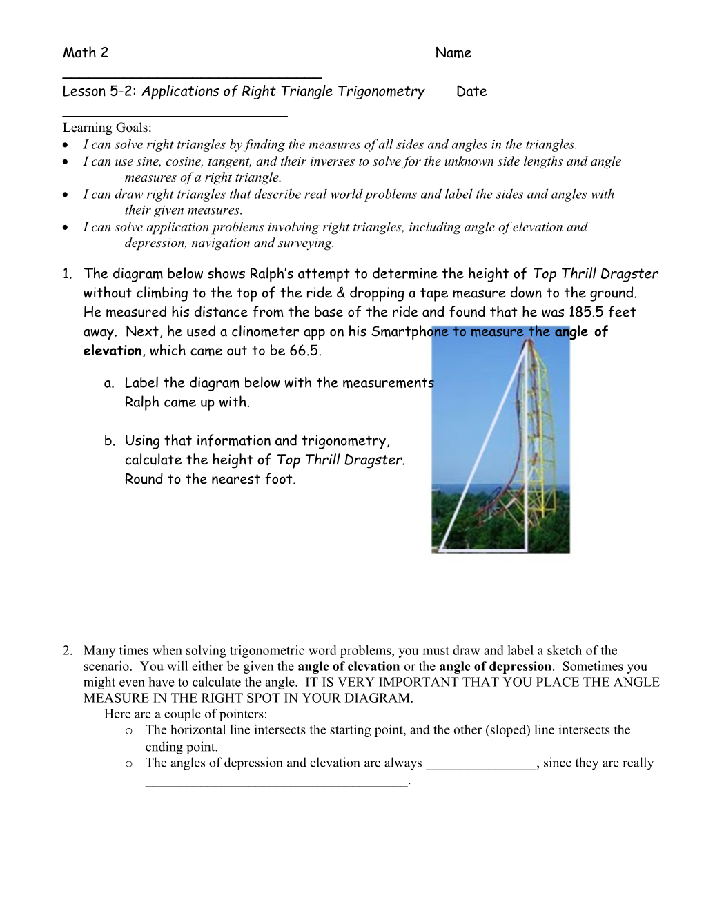 Lesson 5-2: Applications of Right Triangle Trigonometry Date ______