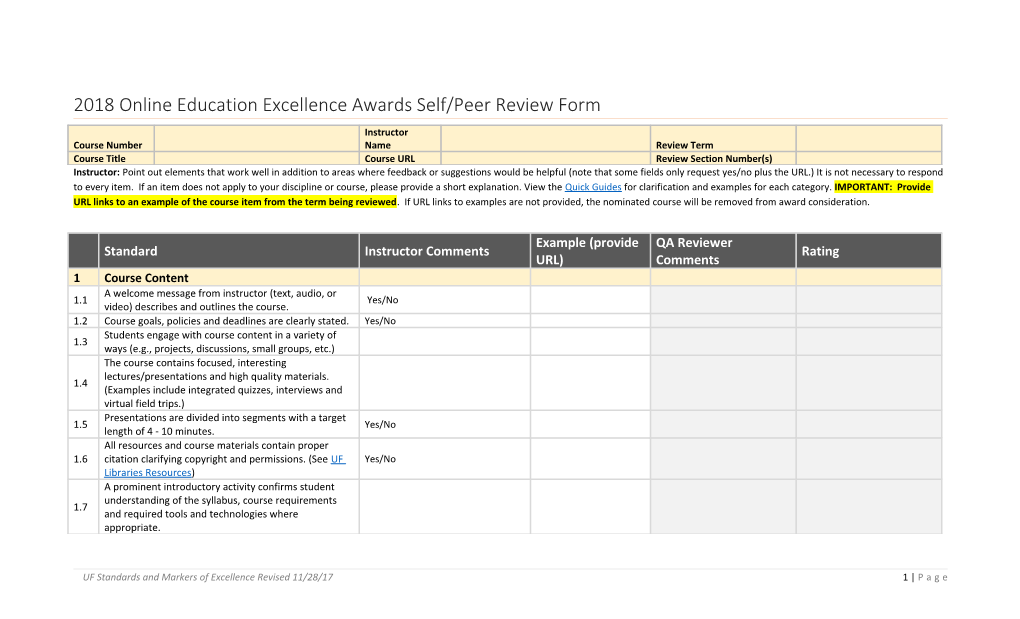 2018 Online Education Excellence Awards Self/Peer Review Form