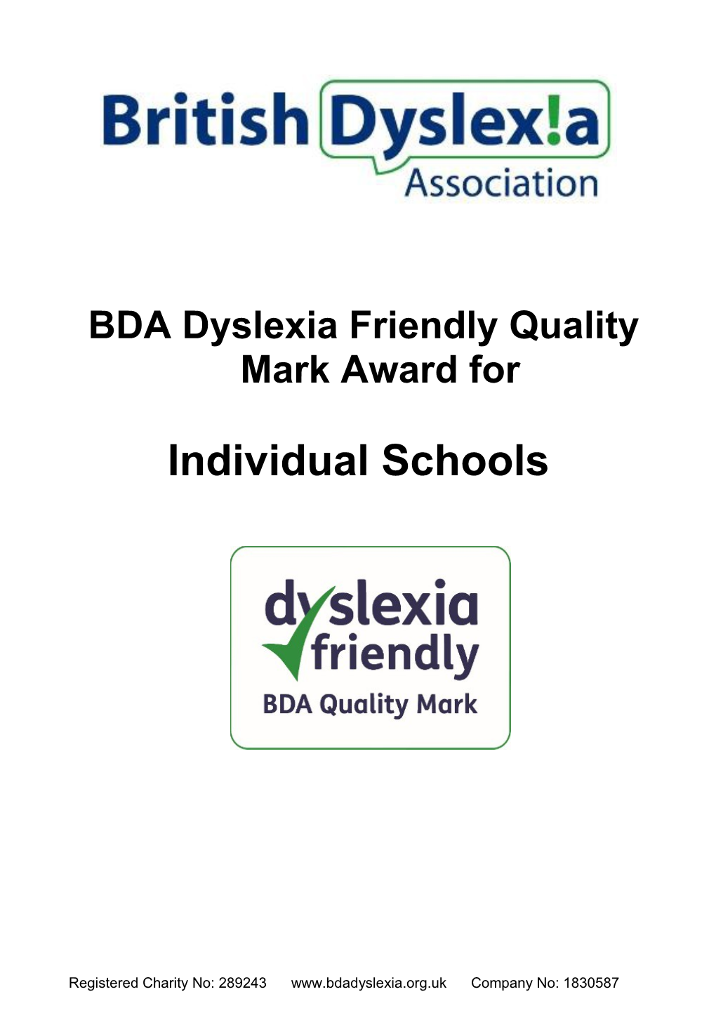 BDA Dyslexia Friendly Quality Mark Award For
