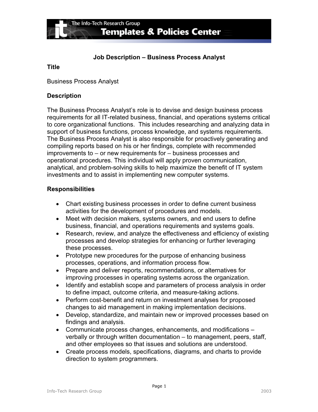 Job Description Business Process Analyst