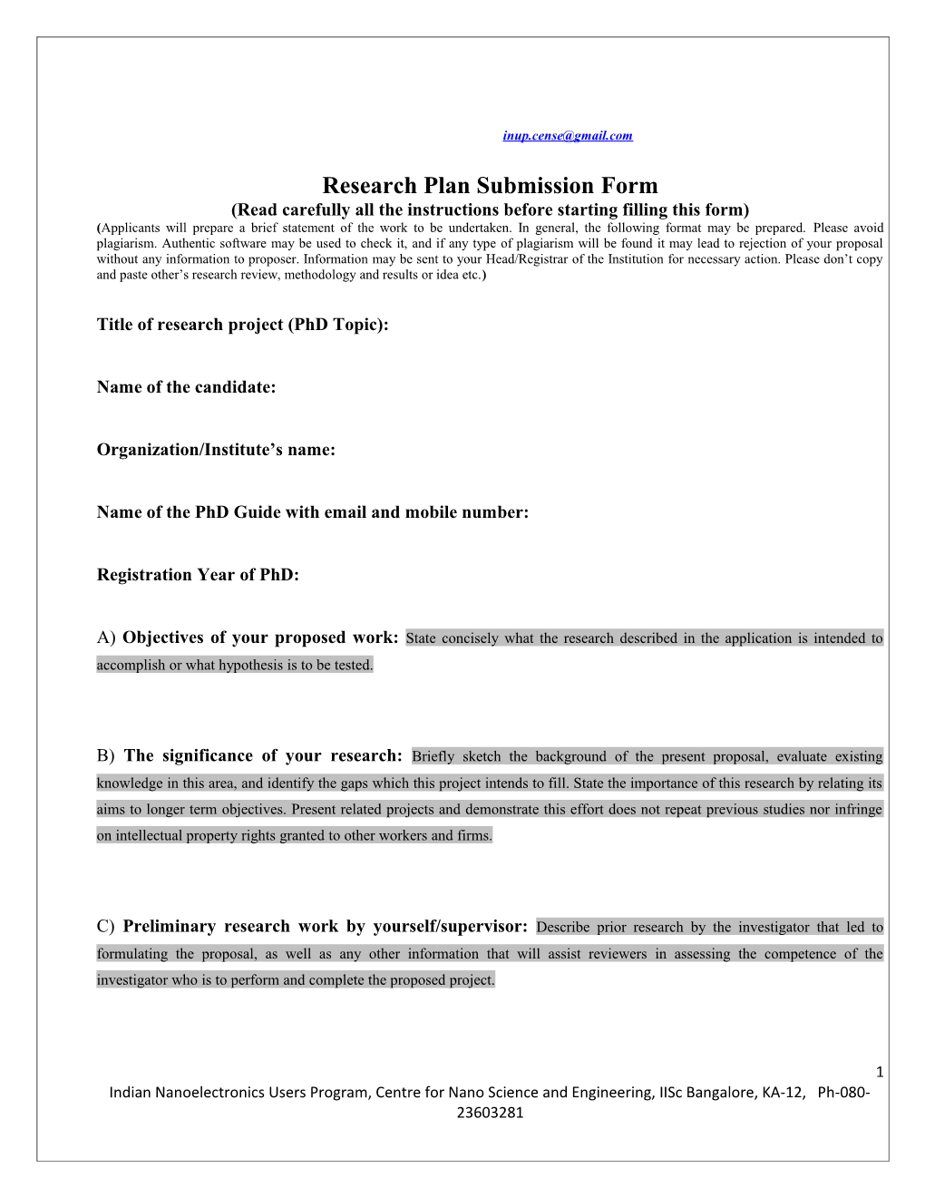 Research Plan Submission Form