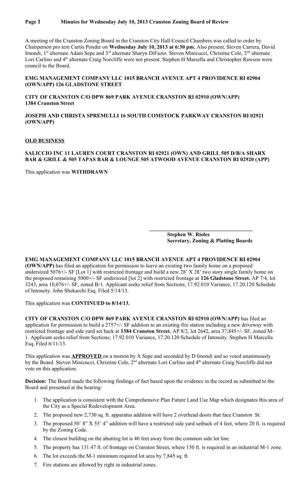 Page 1Minutes for Wednesday July 10, 2013Cranston Zoning Board of Review