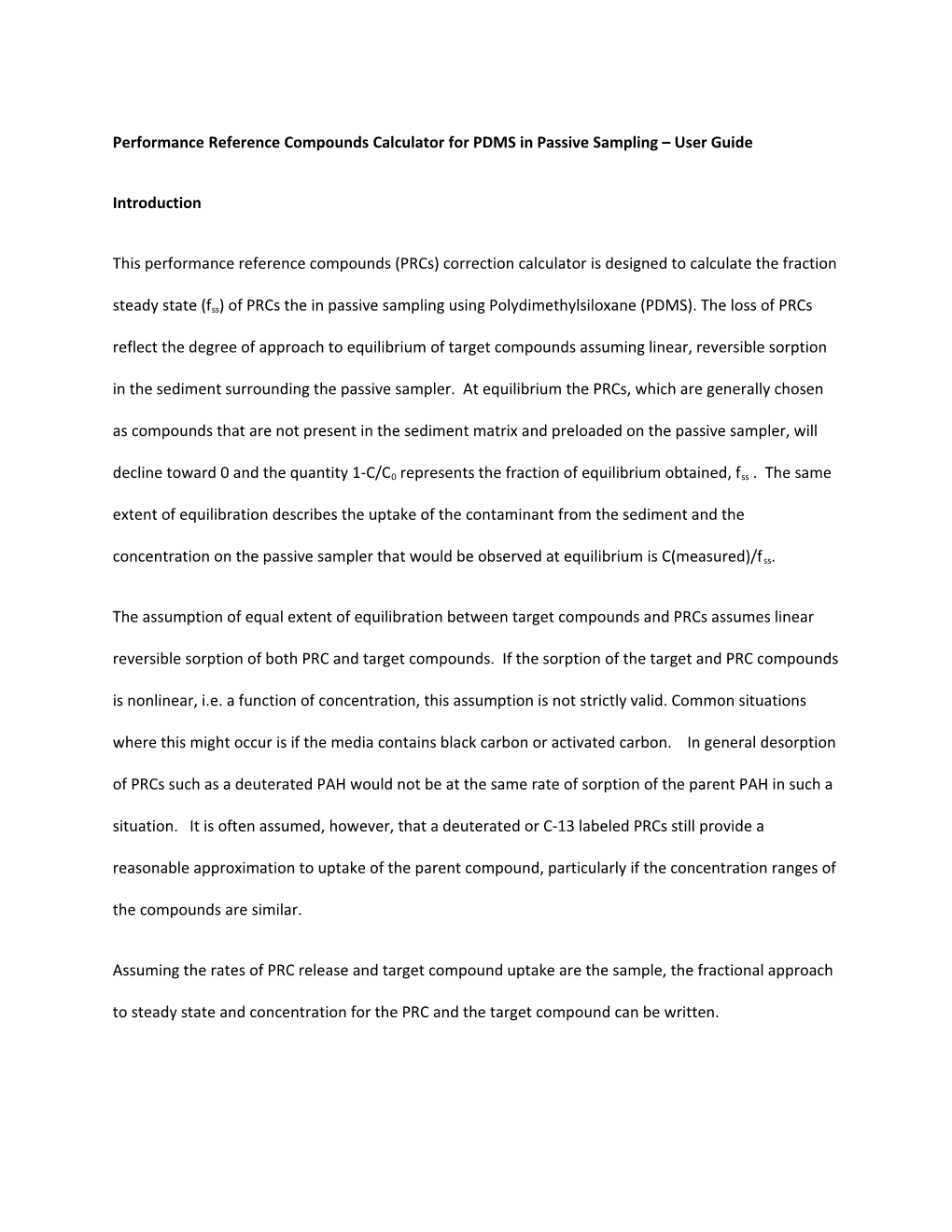 Performance Reference Compounds Calculator for PDMS in Passive Sampling User Guide