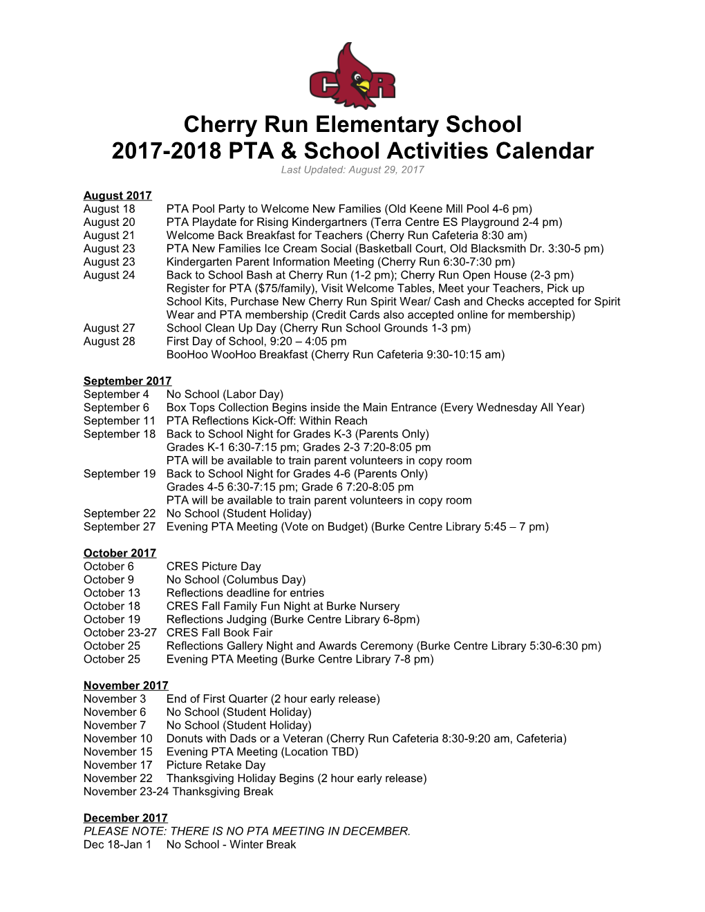 Cherry Run Elementary 2014-2015 Calendar of Events