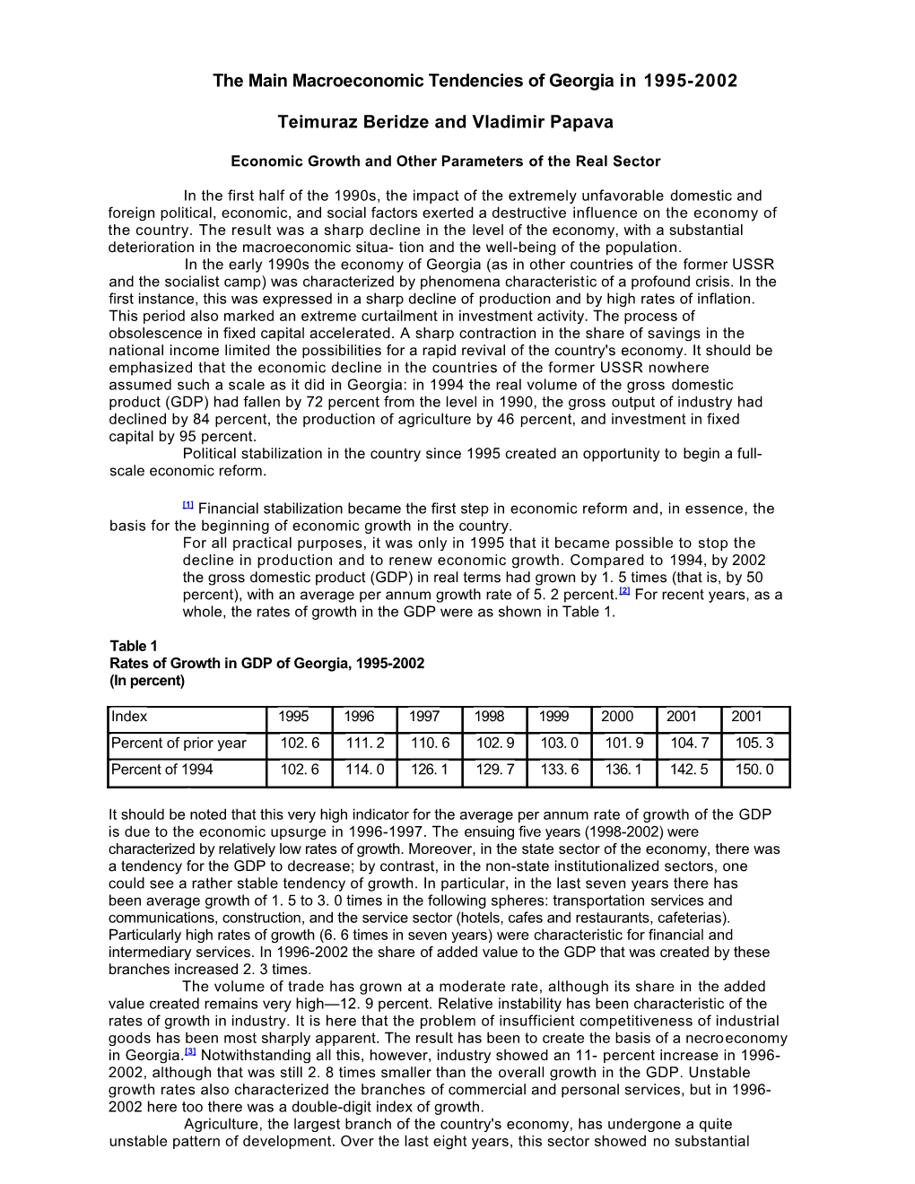 The Main Macroeconomic Tendencies of Georgia in 1995-2002