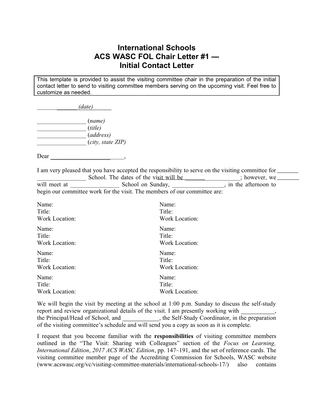 International Schools ACS WASC Folchair Letter #1 Initial Contact Letter