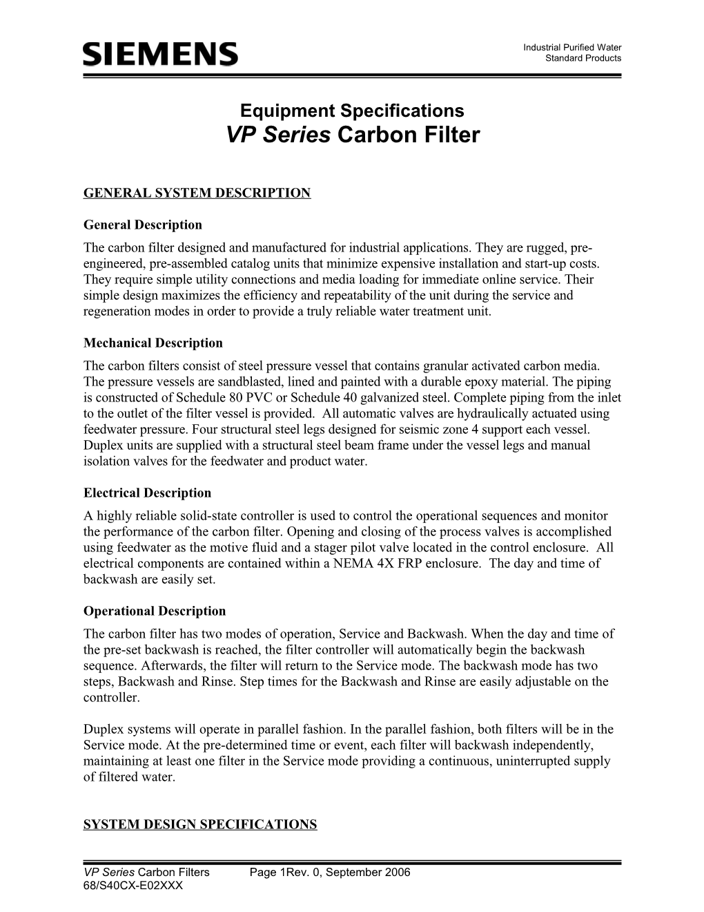 VP Series Multimedia Filter Specifications