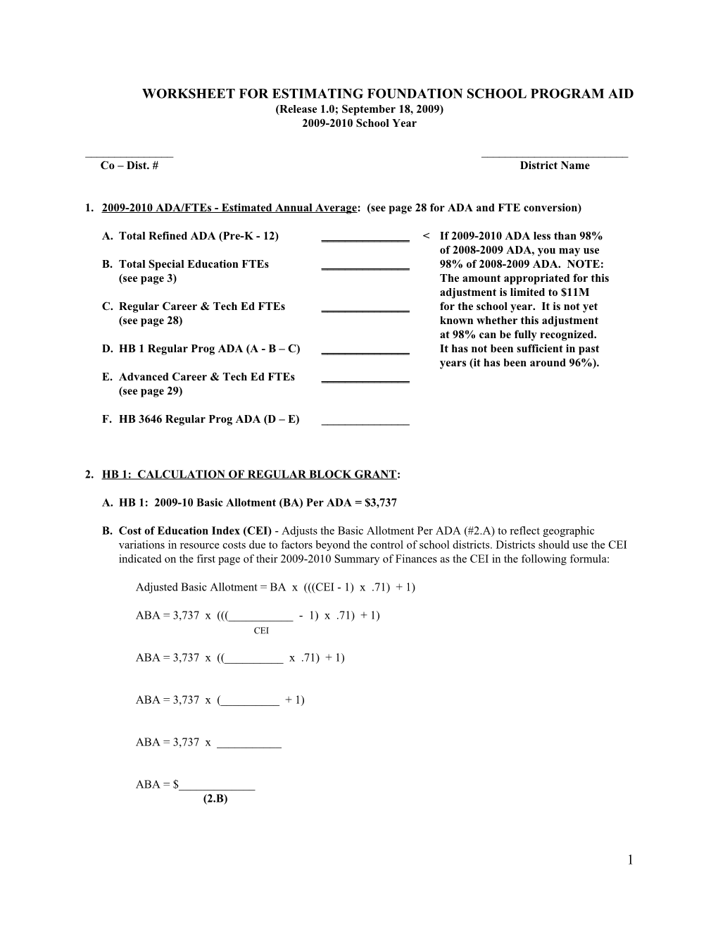 Doccomm Generated by an Aldus Applicationworksheet for ESTIMATING FOUNDATION SCHOOL PROGRAM AID