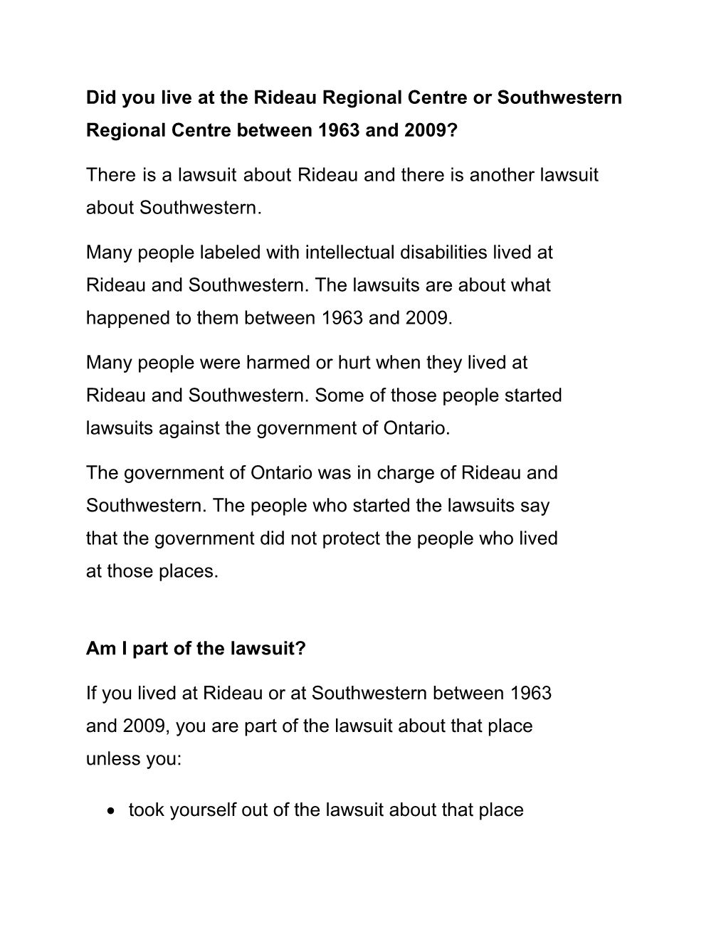 Did You Live at the Rideau Regional Centre Or Southwestern Regional Centre Between 1963 and 2009