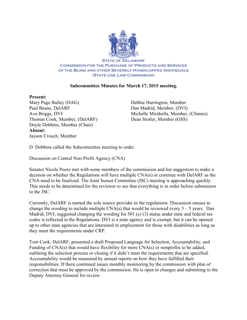 Subcommittee Minutesfor March 17, 2015 Meeting