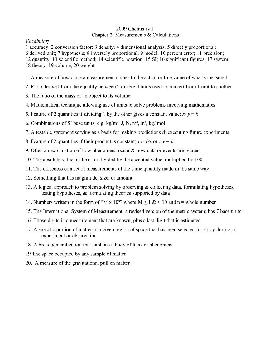 Chemistry I - Chapter 3 - Vocabulary & Main Ideas