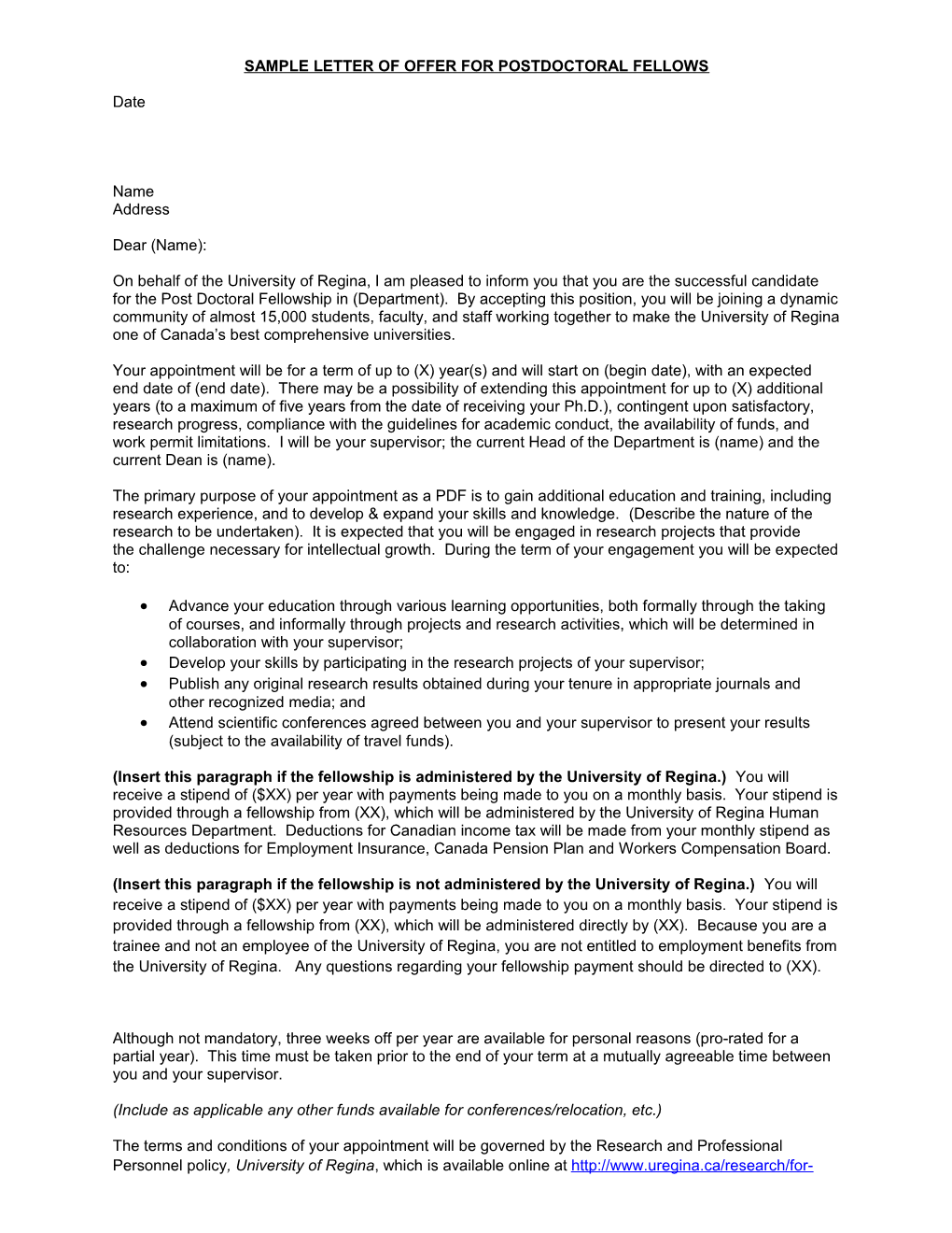 Sample Letter of Offer for Postdoctoral Fellows