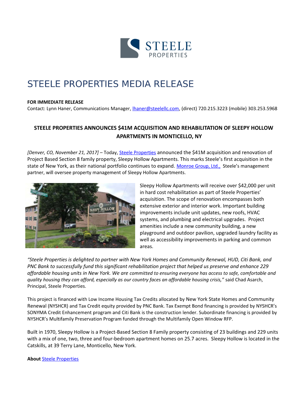 Steele Properties Media Release