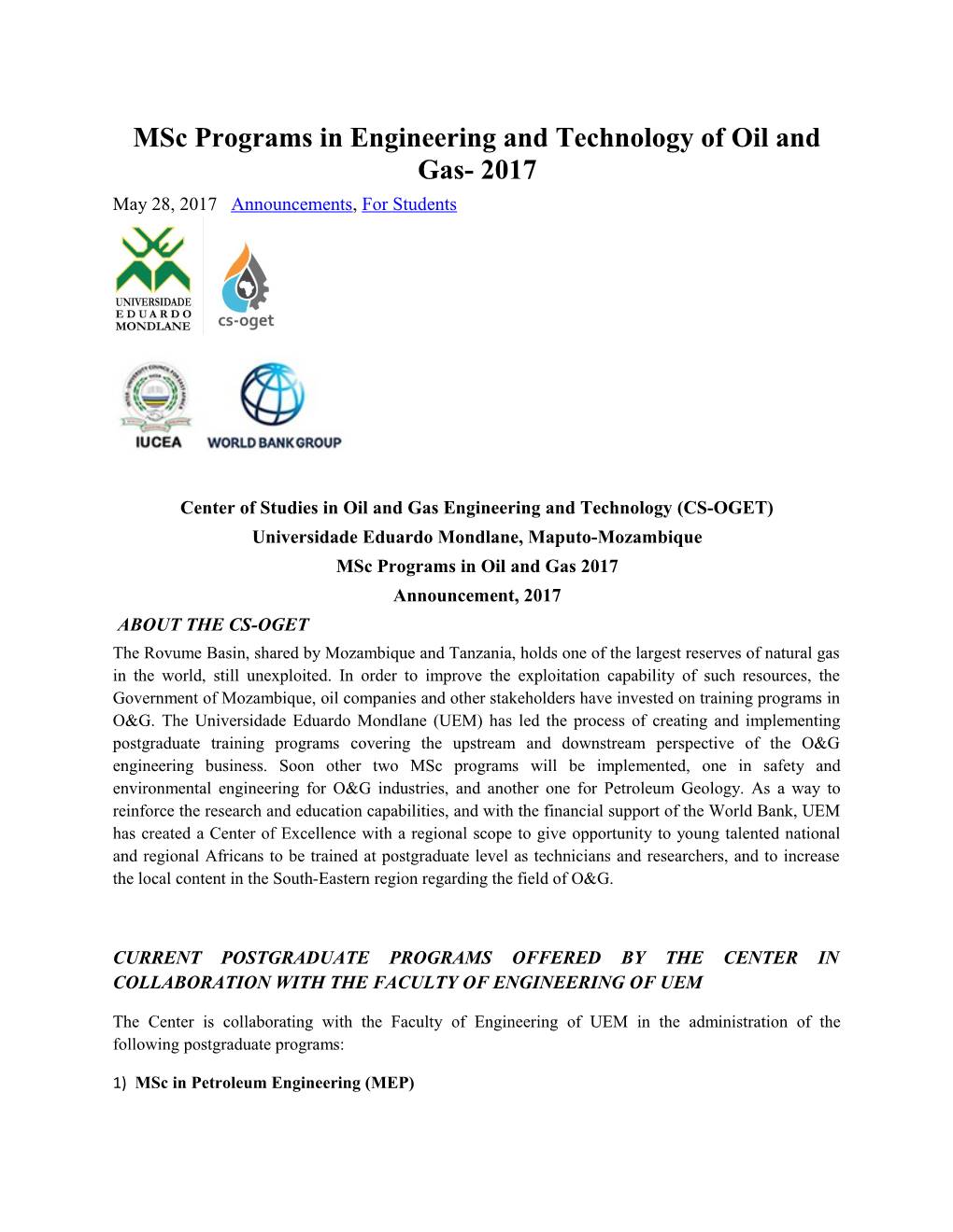 Msc Programsin Engineering and Technology of Oil and Gas-2017