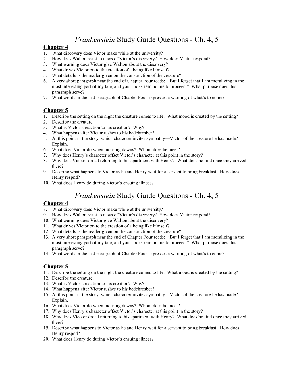 Frankenstein Study Guide Questions - Ch