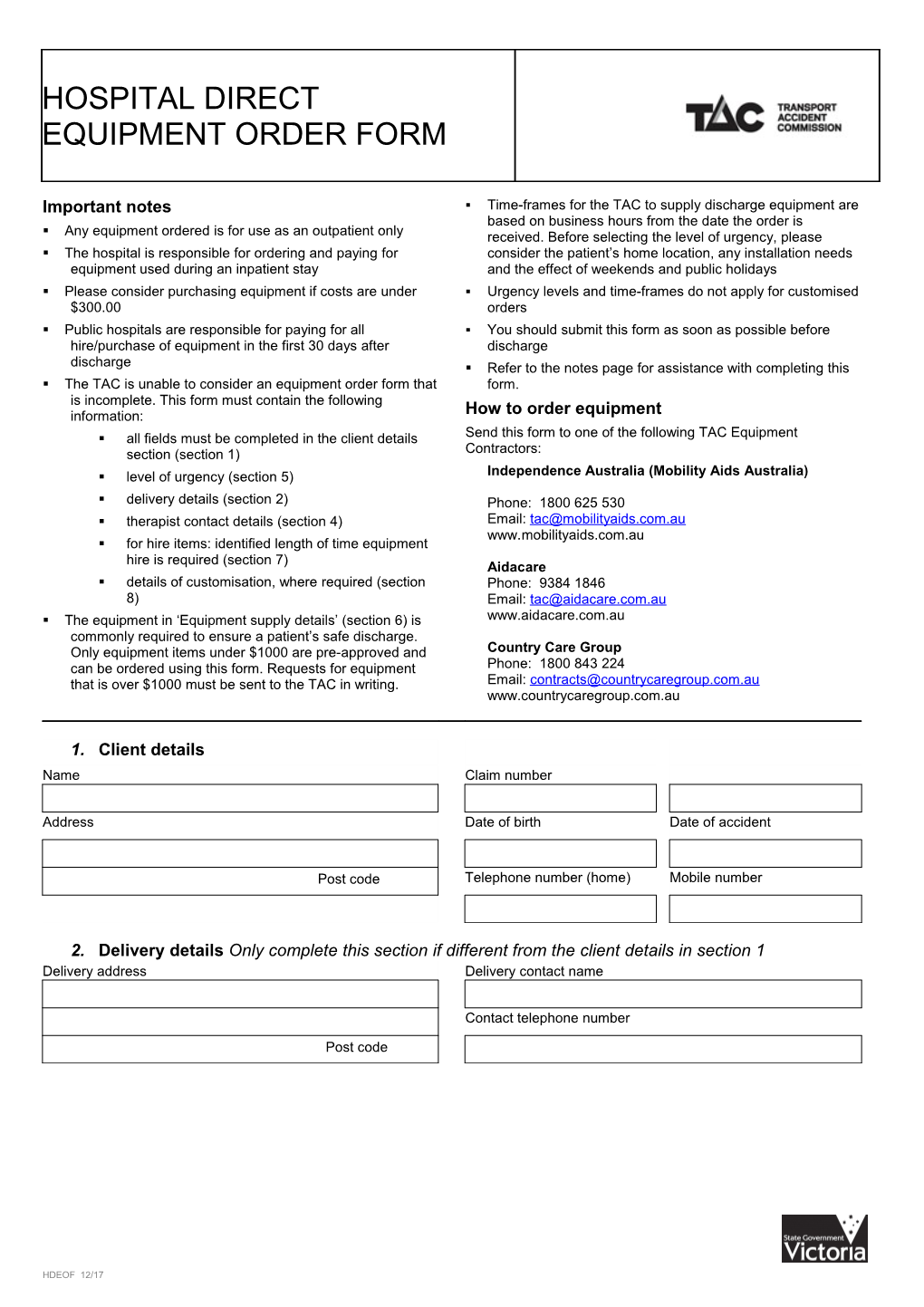 Hospital Direct Equipment Order Form