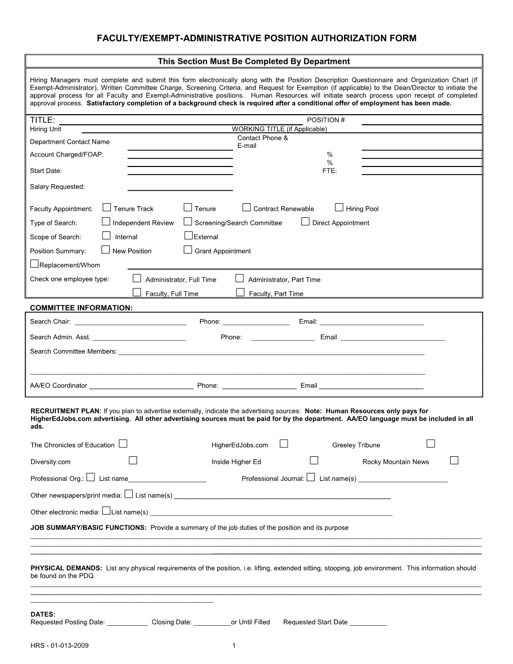 Faculty/Exempt-Administrative Position Authorization Form