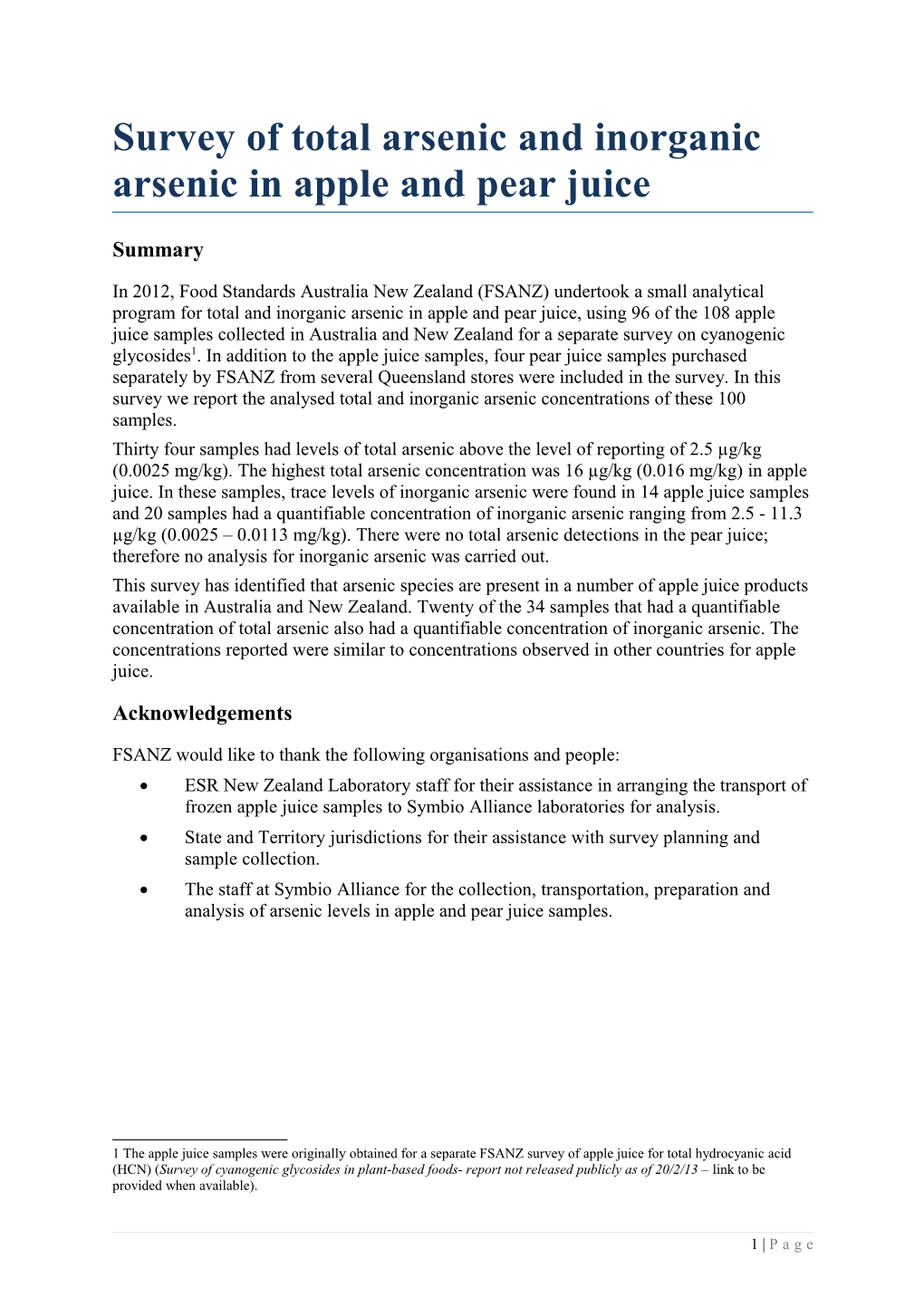 Draft Report - Arsenic in Apple and Pear Juice