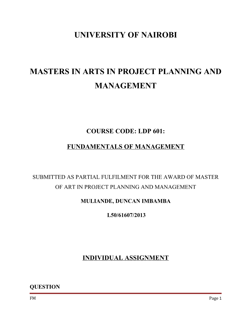 Masters in Arts in Project Planning and Management