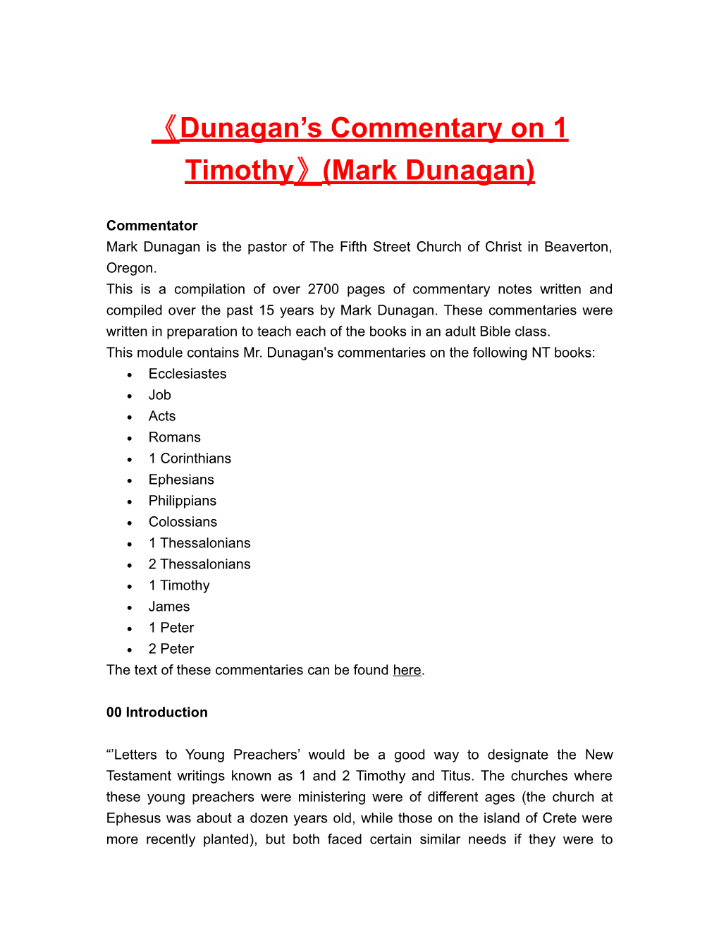 Dunagan S Commentary on 1 Timothy (Mark Dunagan)