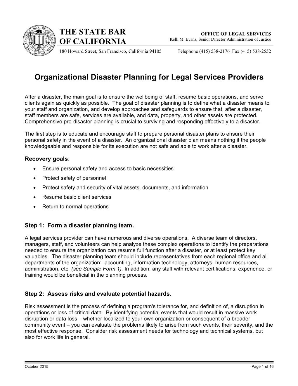 Organizationaldisaster Planning for Legal Services Providers