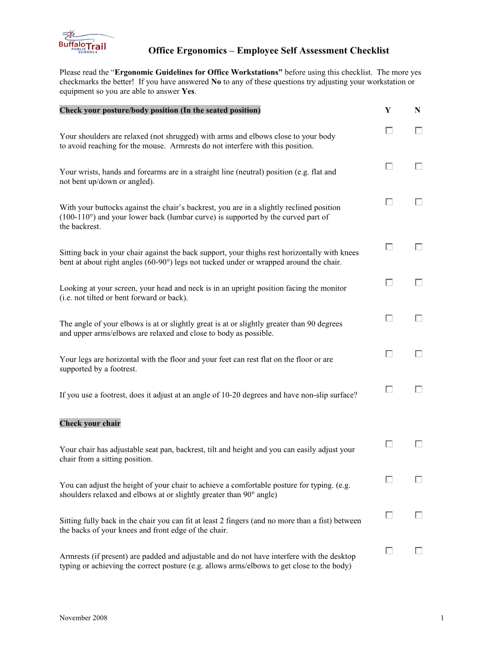 Office Ergonomics Employee Self Assessment Checklist