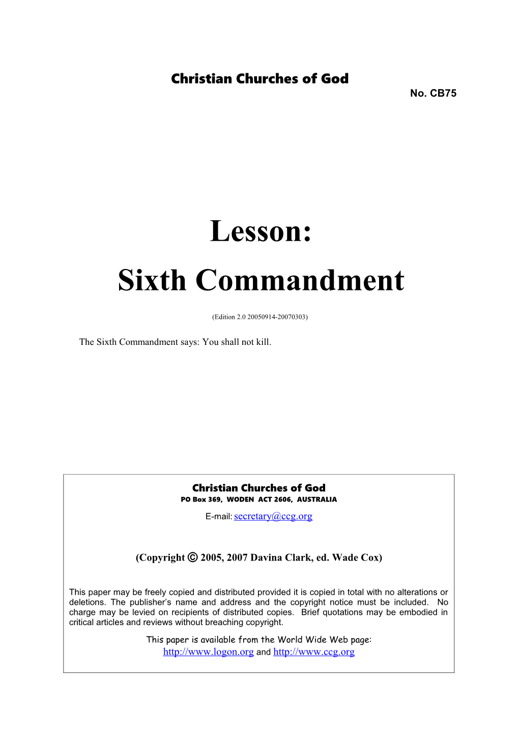 Lesson: Sixth Commandment (No. CB75)