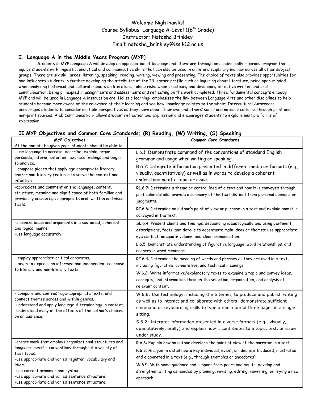 Course Syllabus: Language A-Level 1(6Th Grade)