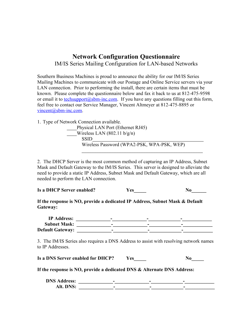 Network Configuration Questionnaire