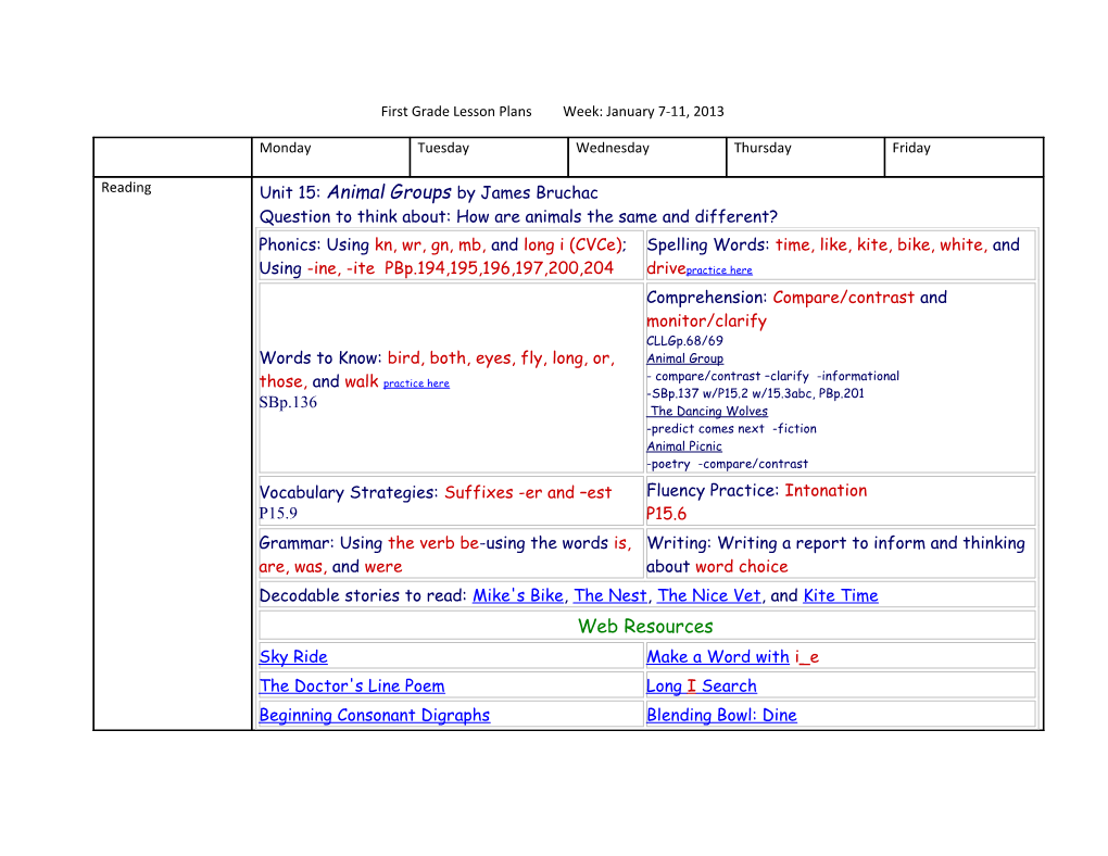 First Grade Lesson Plans Week: January 7-11, 2013