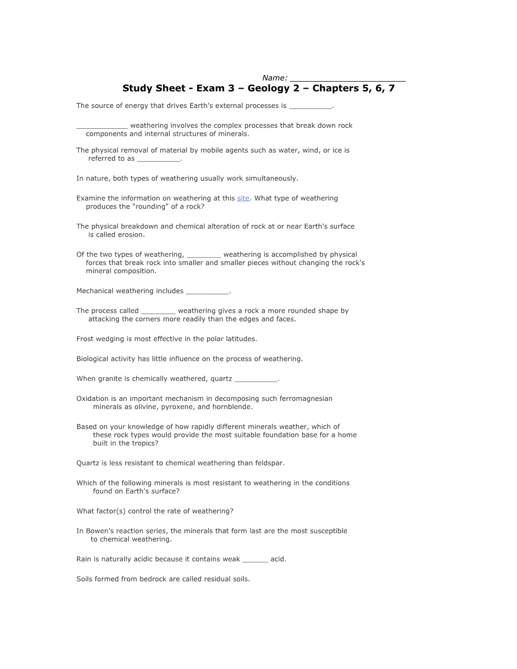 Study Sheet - Exam 3 Geology 2 Chapters 5, 6, 7