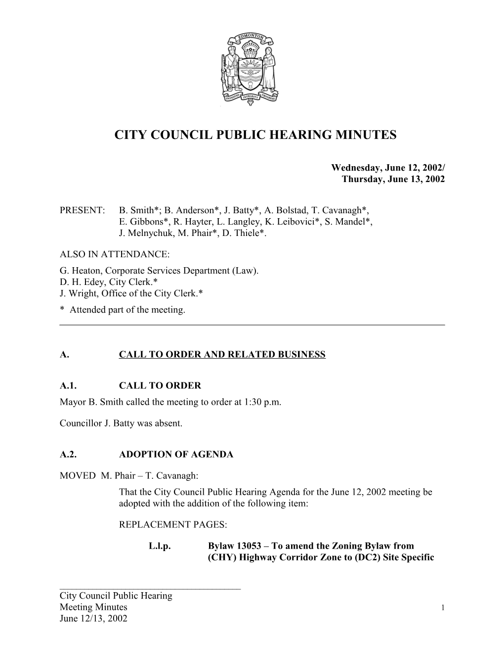 Minutes for City Council June 12, 2002 Meeting