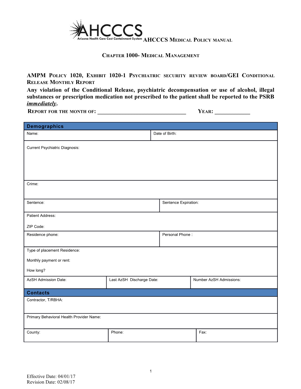 AMPM Policy 1020, Exhibit 1020-1 Psychiatric Security Review Board/GEI Conditional Release