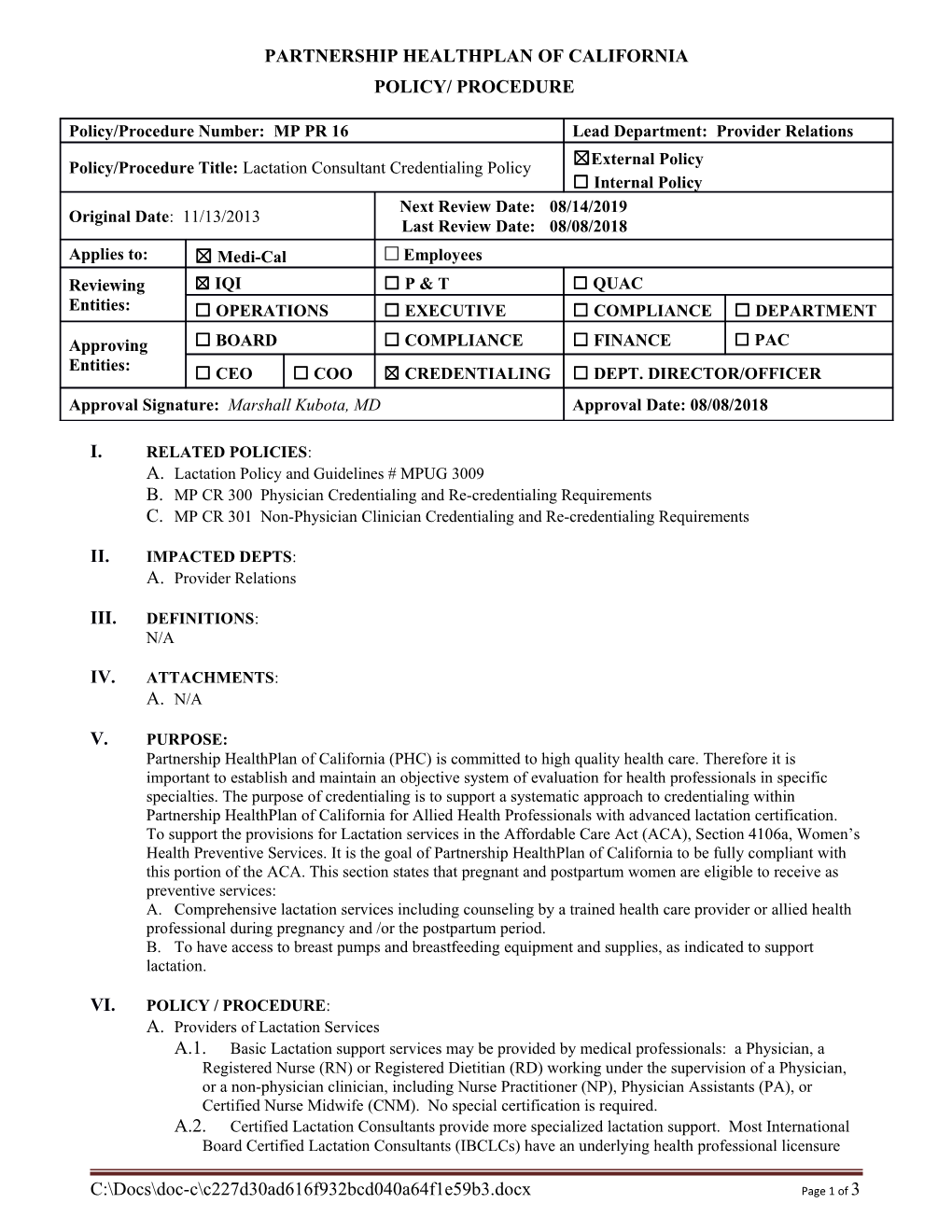 Lactation Consultant Credentialing Policy