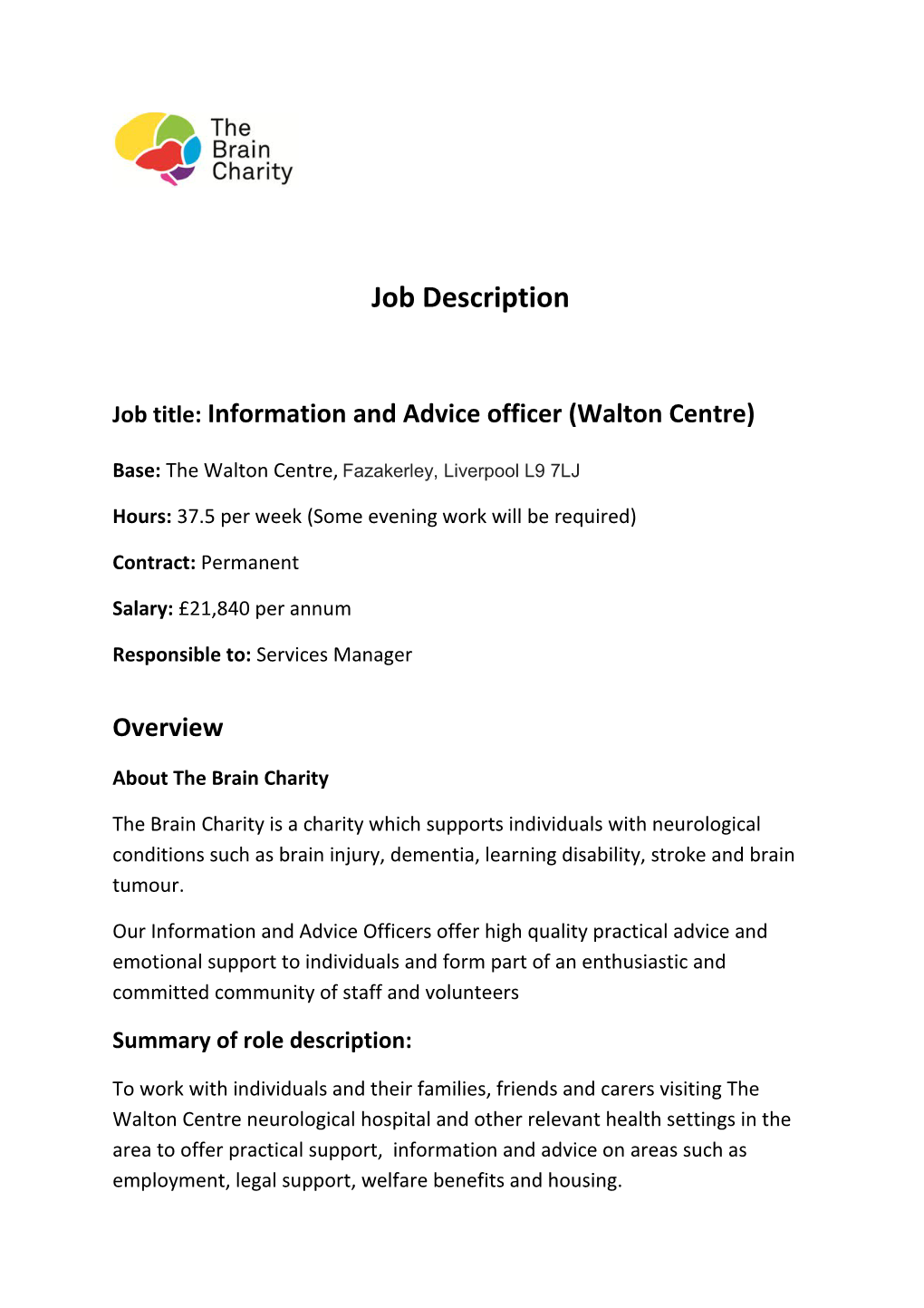 Job Title: Information and Advice Officer (Walton Centre)