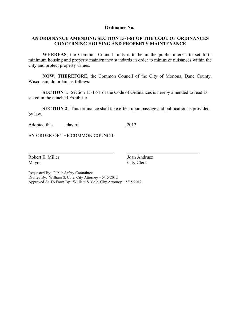 An Ordinance Amending Section 15-1-81 of the Code of Ordinances Concerning Housing And