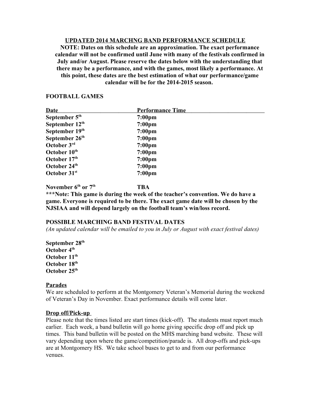 Updated 2014 Marchng Band Performance Schedule